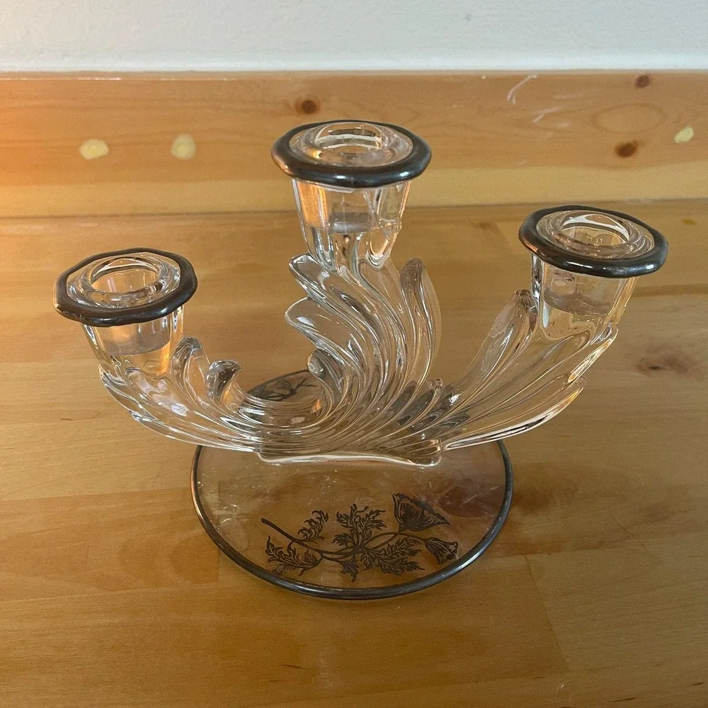 VTG Glass Candelabra Silver Tone Base Floral Etching 3‎ Arm Candlestick Holder